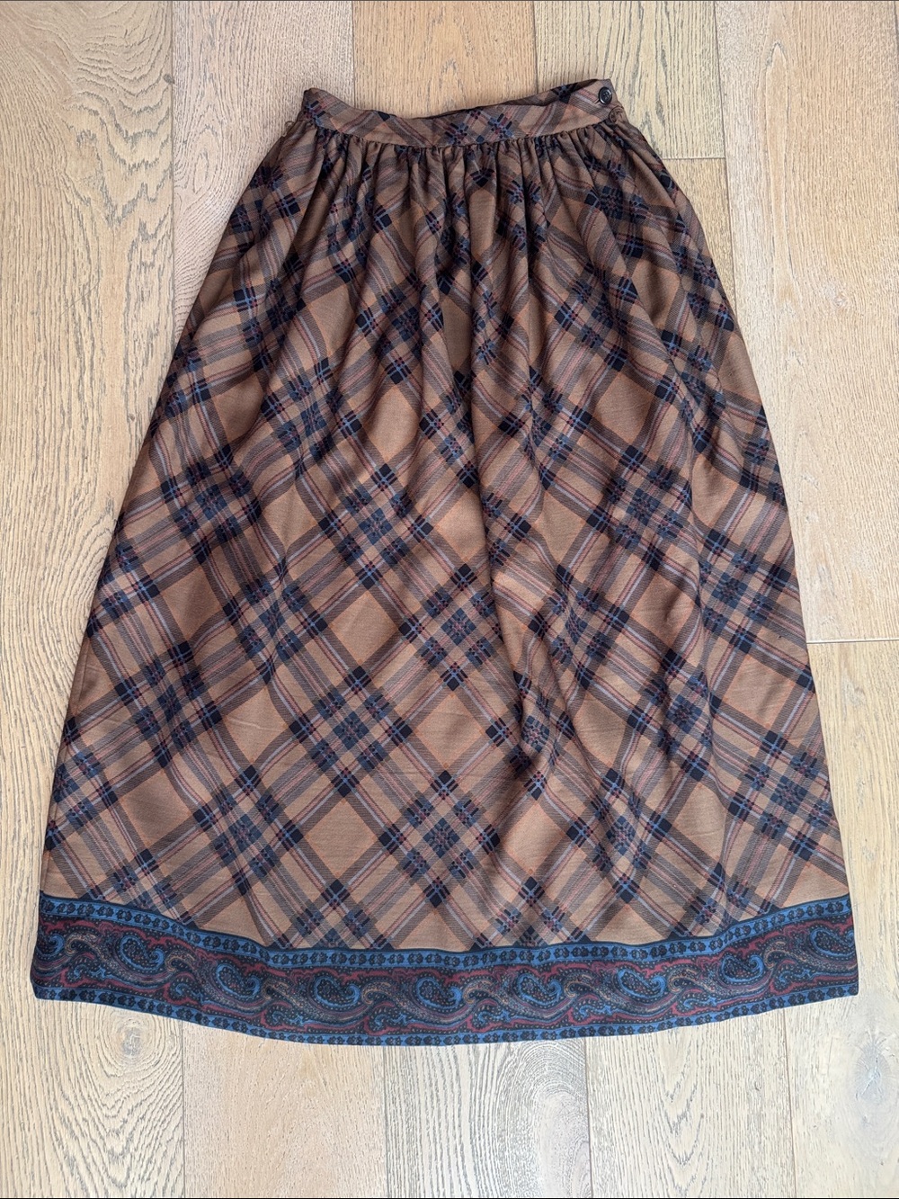 1980 Ralph Lauren brown plaid midi skirt blue paisley border hem - Picture 8 of 10